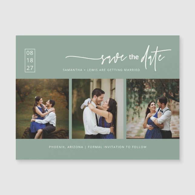 Sage Green Boho Photo Save the Date Magnetic Card  (Frente)