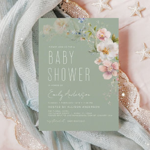 Sage Green Boho Wildflower Chá de fraldas Convite