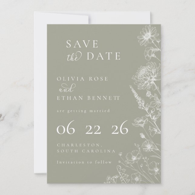 Sage Green Botanical Minimal Wedding Save the Date (Frente)