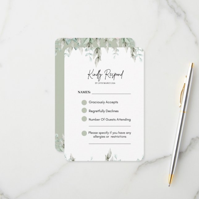 Sage Green Botanical Wedding RSVP CARD (Frente/Verso In Situ)