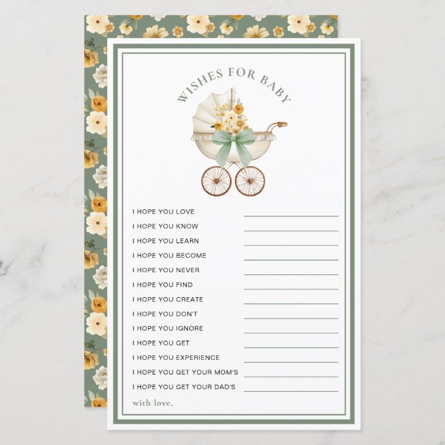 Sage Green Carriage Wishes for Baby Card (Frente/Verso)