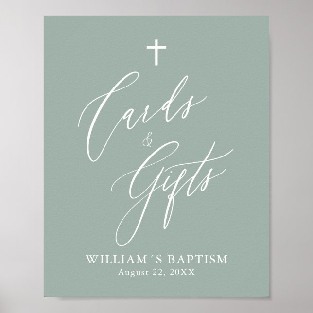 Sage Green Cross Boy Baptism Cards & Gifts Poster (Frente)