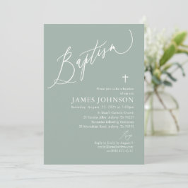 Sage Green Cross Boy Baptism Convite