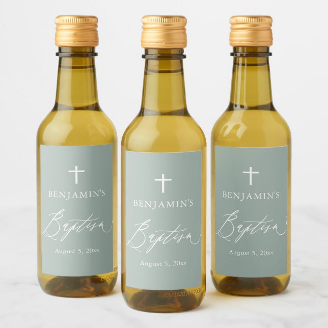 Sage Green Cross Boy Baptism Mini Wine Label (Garrafas)