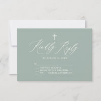 Sage Green Cross Boy Baptism RSVP Card