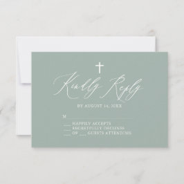 Sage Green Cross Boy Baptism RSVP Card