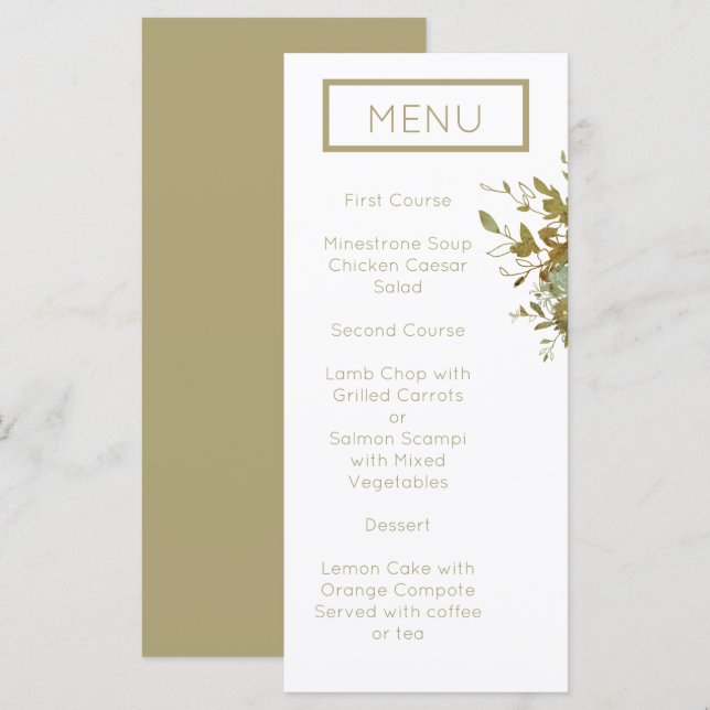 Sage Green e Dourado Menu de Casamento Minimalista (Frente/Verso)