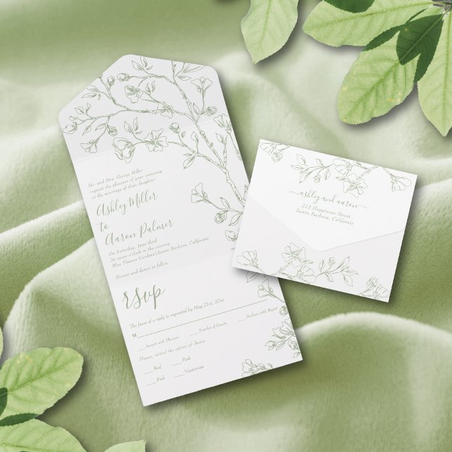 Sage green e white line art flores casamento (Criador carregado)