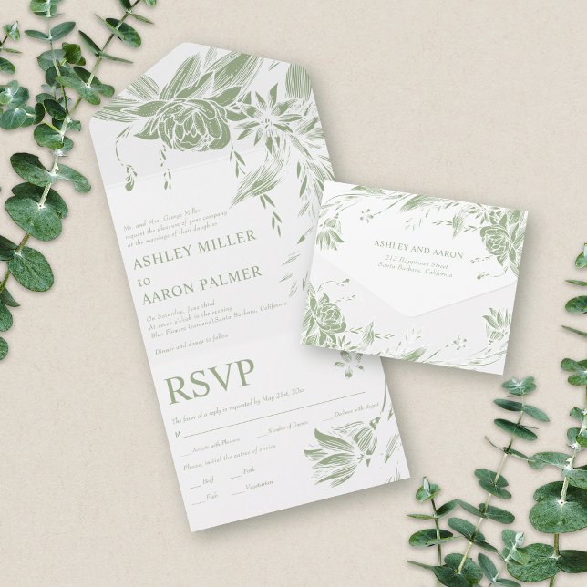 Sage green e white line art, flores do casamento (Criador carregado)
