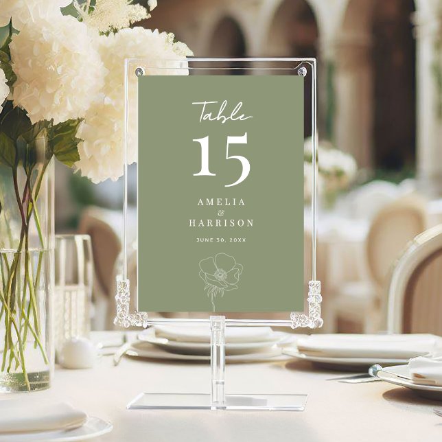 Sage Green Elegant Floral Wedding 5x7 Número da Ta (Sage Green Elegant Floral Large 5x7 Wedding Table Number Sign with Couple Names, Wedding Date.)
