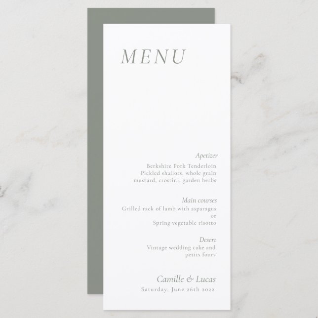 Sage Green elegant Wedding Menu (Frente/Verso)