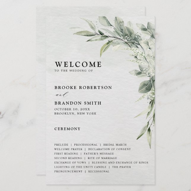 Sage Green Eucalyptus Botanical Weding Program (Frente/Verso)