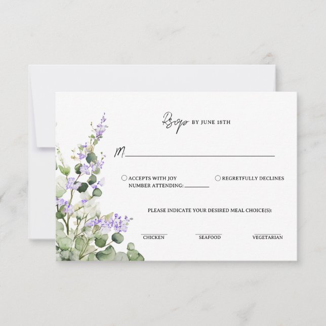 Sage Green Eucalyptus RSVP Card with Lilac Florals (Frente)