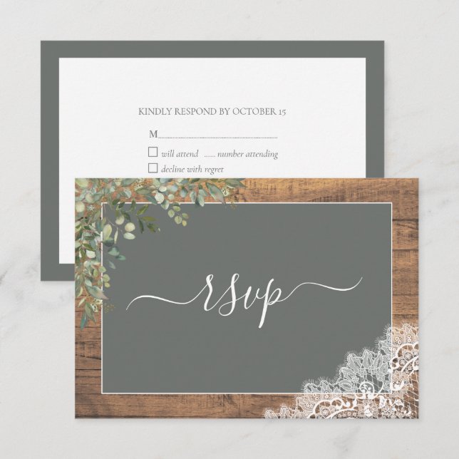 Sage Green Eucalyptus Script Lace Wood RSVP (Frente/Verso)