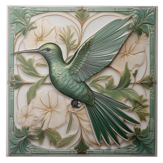 Sage green faux alivio Art Nouveau Hummingbird (Frente)