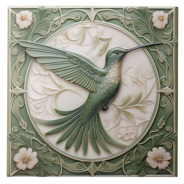 Sage green faux alivio Art Nouveau Hummingbird R (Frente)