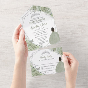 Sage Green Floral Brown Girl 15 Silver Quinceanera