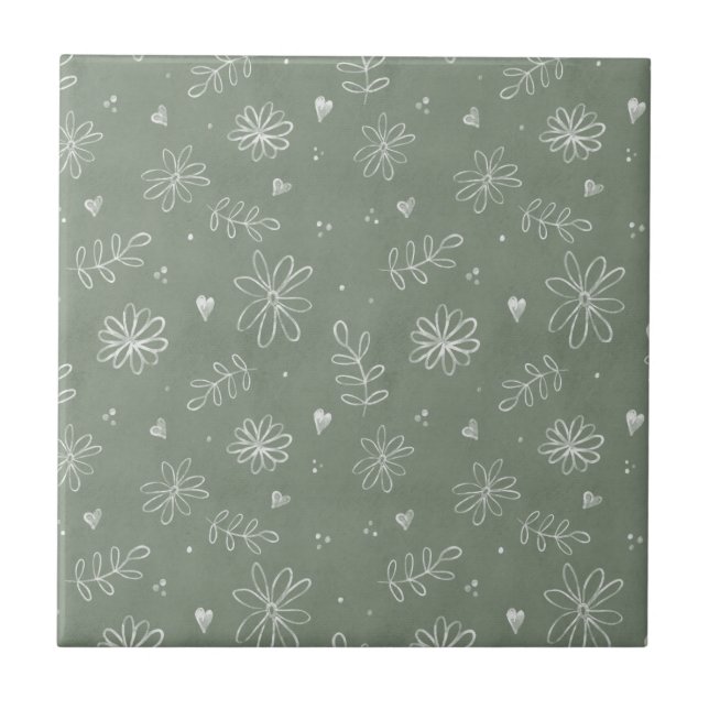 Sage Green Floral Farmhouse Azulejo cerâmico (Frente)