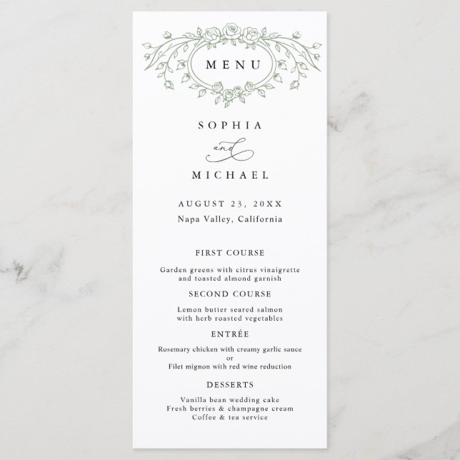 Sage Green Floral Line Art Wedding Flat Menu (Frente)