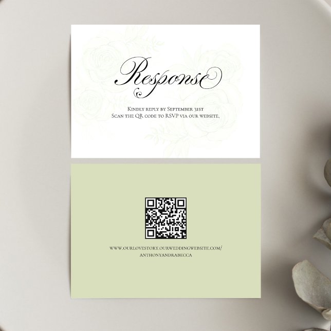 Sage Green Floral QR Code Wedding RSVP Script (Elegant sage green floral RSVP card with QR code and modern calligraphy script)