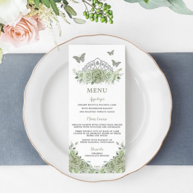 Sage Green Floral Silver Quinceanera Birthday Menu (Criador carregado)