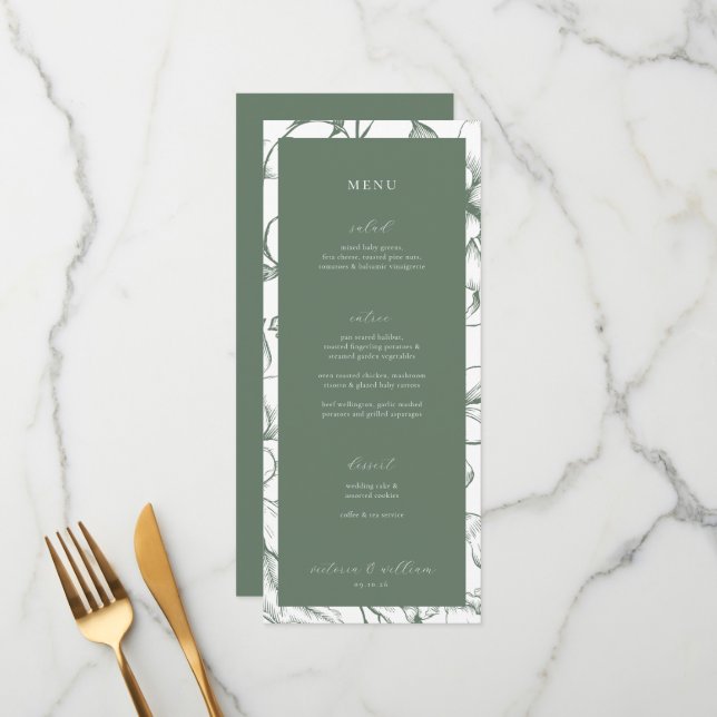 Sage Green Floral Weding Menu e Obrigado (Frente/Verso In Situ)