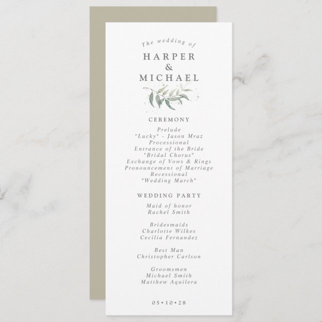 Sage green foliage programa de casamento (Frente/Verso)