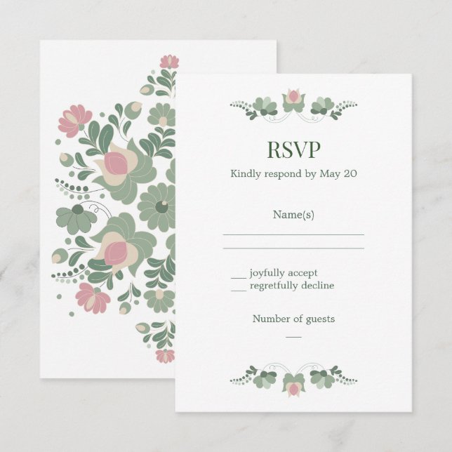 Sage Green Folk Floral Wedding RSVP (Frente/Verso)