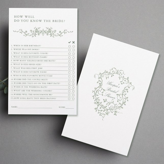 Sage Green French Victoring Game (jogo de Chás de  (Front & Back)