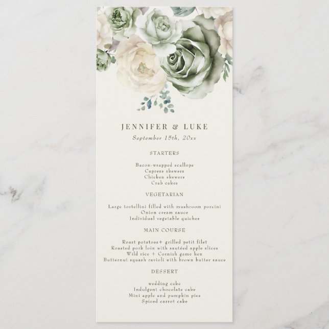 Sage Green Ivory Flowers Menu de Casamento (Frente)