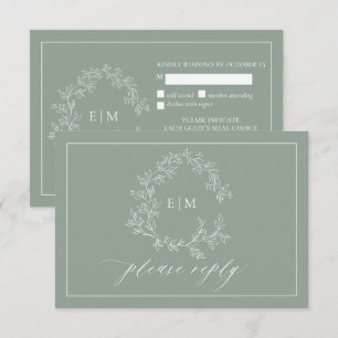 Sage Green Leafy Crest Monograma Cartão RSVP de C