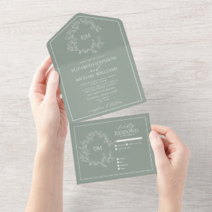 Sage Green Leafy Crest Monograma Casado Tudo Em Um