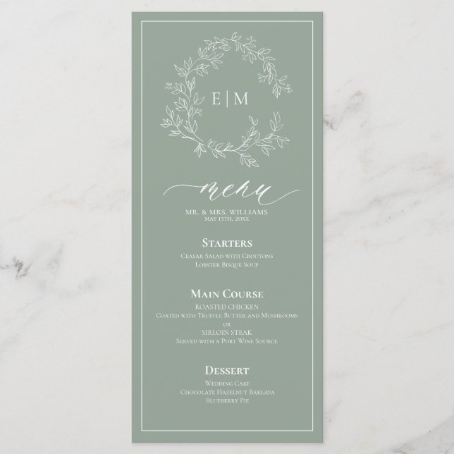 Sage Green Leafy Crest Monograma Menu Casamento (Frente)