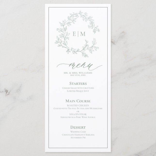 Sage Green Leafy Crest Monograma Menu Casamento (Frente)