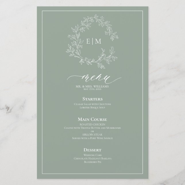 Sage Green Leafy Crest Monograma Menu Casamento (Frente)