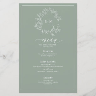 Sage Green Leafy Crest Monograma Menu Casamento