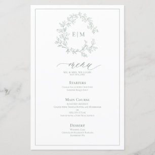 Sage Green Leafy Crest Monograma Menu Casamento