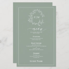 Sage Green Leafy Crest Monograma Menu de Casamento