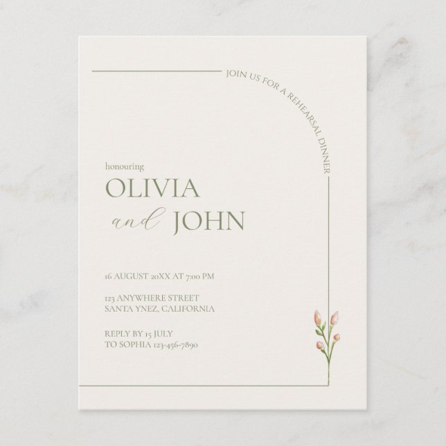 Sage Green & Linen Arch Minimal Rehearsal Dinner  (Frente)