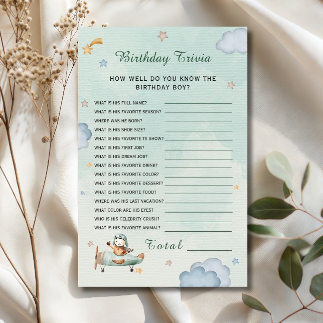 Sage Green Little Pilot Birthday Trivia Card (Criador carregado)