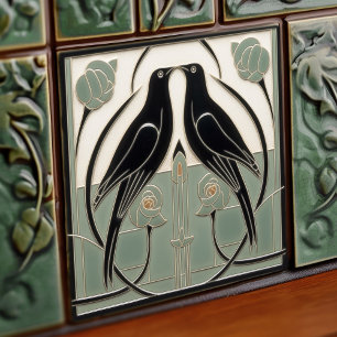 Sage Green Mackintosh Black Birds Art Deco