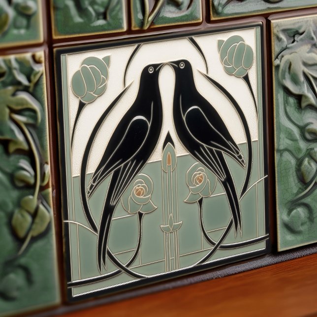 Sage Green Mackintosh Black Birds Art Deco (Criador carregado)