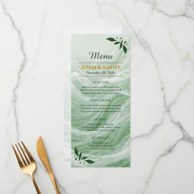 Sage Green Marble & Gold Wedding Menu (Frente/Verso In Situ)