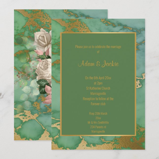SAGE GREEN MARBLE WEDDING CONVITE (Frente/Verso)