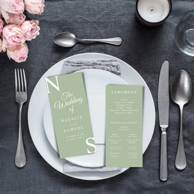 Sage Green Minimalist BoldInicials Wedding Program (Criador carregado)