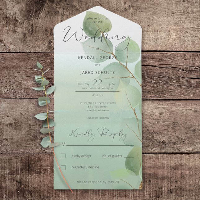 Sage Green Modern Eucalyptus Sem Janto (Sage Green Modern Eucalyptus All In One Wedding Invitation without Dinner Options)