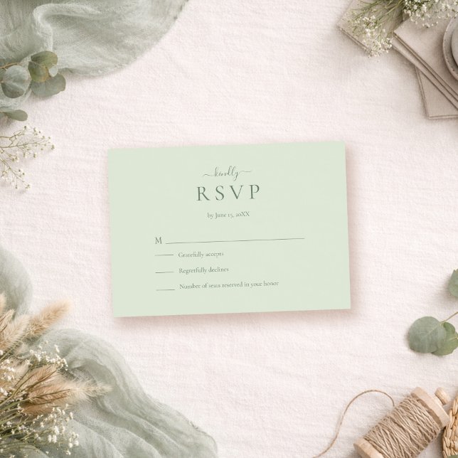 Sage Green Modern Minimalist Wedding RSVP Card (Sage Green Modern Minimalist Wedding RSVP Card on a boho table with dry flowers and eucalyptus)