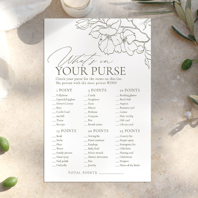 Sage Green o que está na sua bolsa jogo de chá de  (Sage Green what's in your purse bridal shower game)