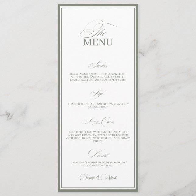 Sage Green Old Money Wedding Red Dinner Menu Card (Frente)
