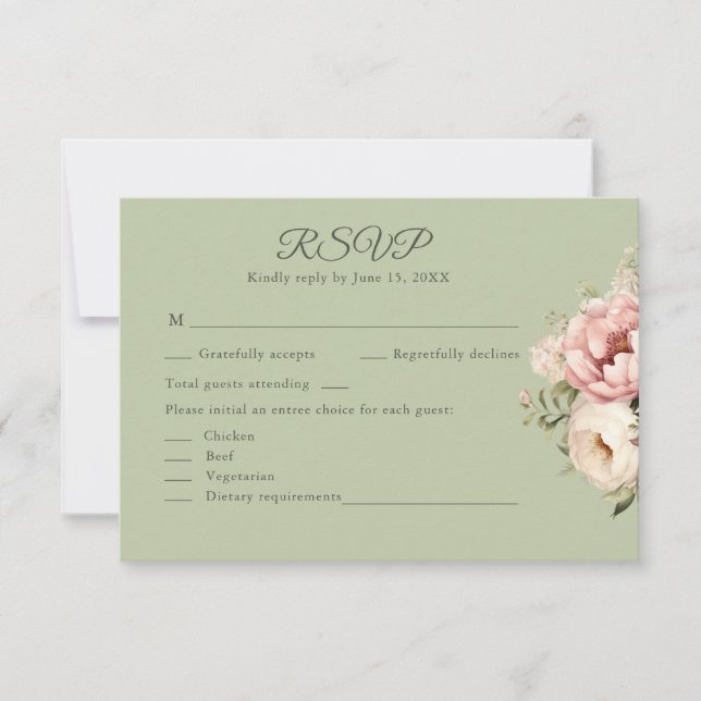 Sage Green Peony Floral RSVP Card (Frente)